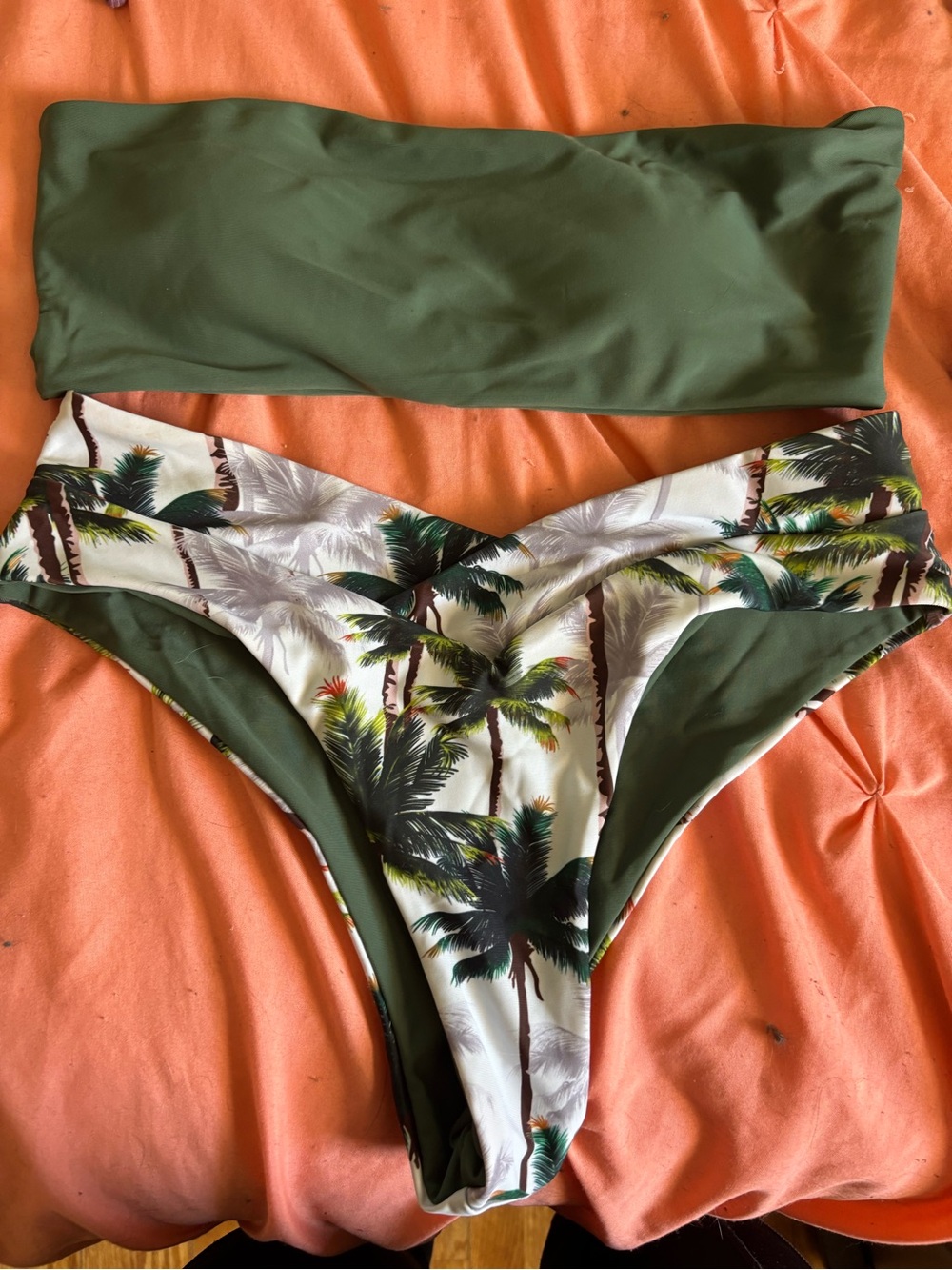 Zaful Olive Green Bandeau Bikini with Palm-Print High-Cut Bottoms